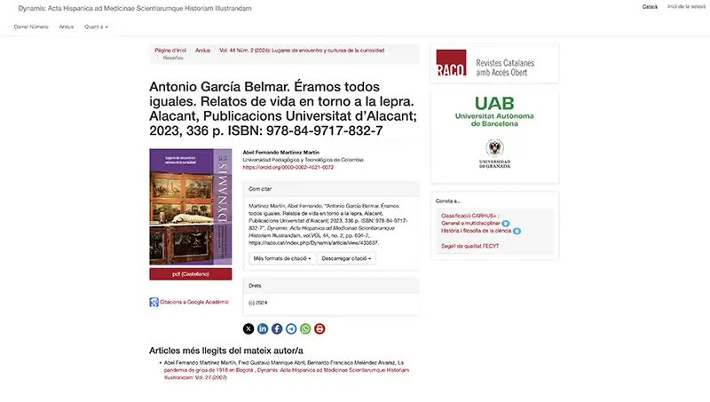 Resenya del professor Abel Fernando Martínez Martín per a la revista *Dynamis*, a propòsit del llibre *Éramos todos iguales. Relatos de vida en torno a la lepra*.