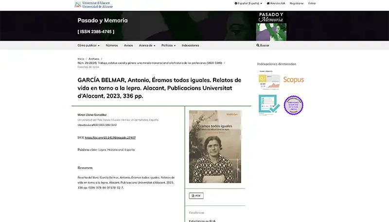 Reseña de la profesora Miren Llona para la revista Pasado y Memoria, a propósito del libro  Éramos todos iguales. Relatos de vida en torno a la lepra   